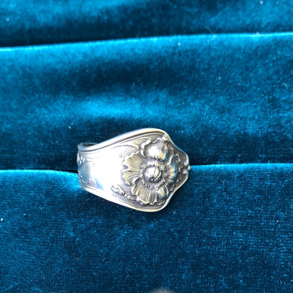 Antique (1914) Handmade Spoon Ring. Silver Plated Poppy Ring
